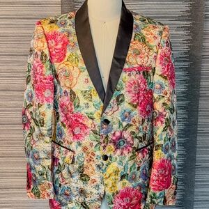 Floral Brocade Tuxedo Blazer Satin Shawl Lapel Men’s M